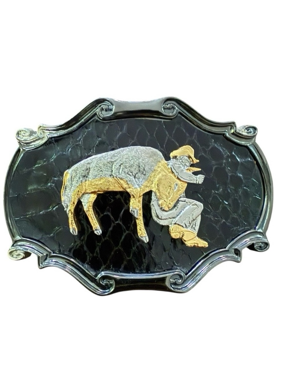 Vintage Western Rodeo Belt Buckle Snakeskin Leather Brass Raintree Made in USA